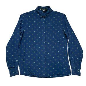 Salvatore Ferragamo vintage blue 100% silk button up long sleeve polo size M